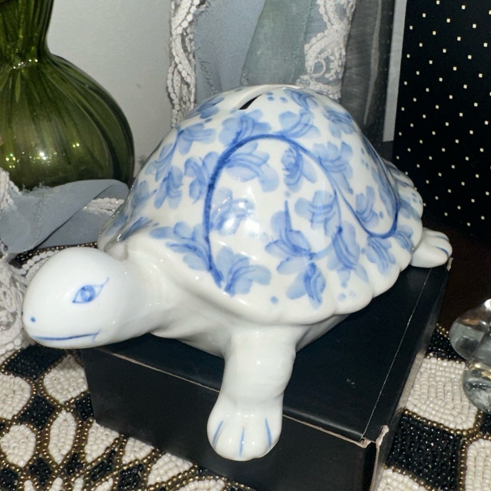 ANDREA by SADEK Blue Willow Turtle Tortoise Piggy Bank With Original lid